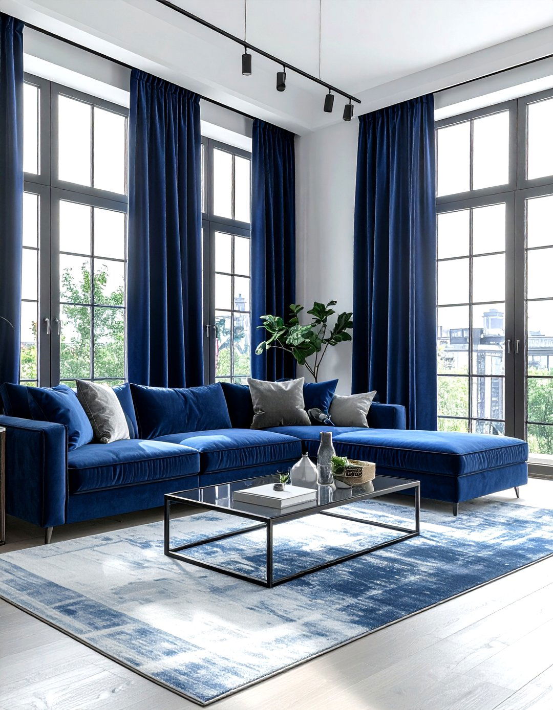 Blue curtains industrial windows living room - 30 industrial blue living room ideas