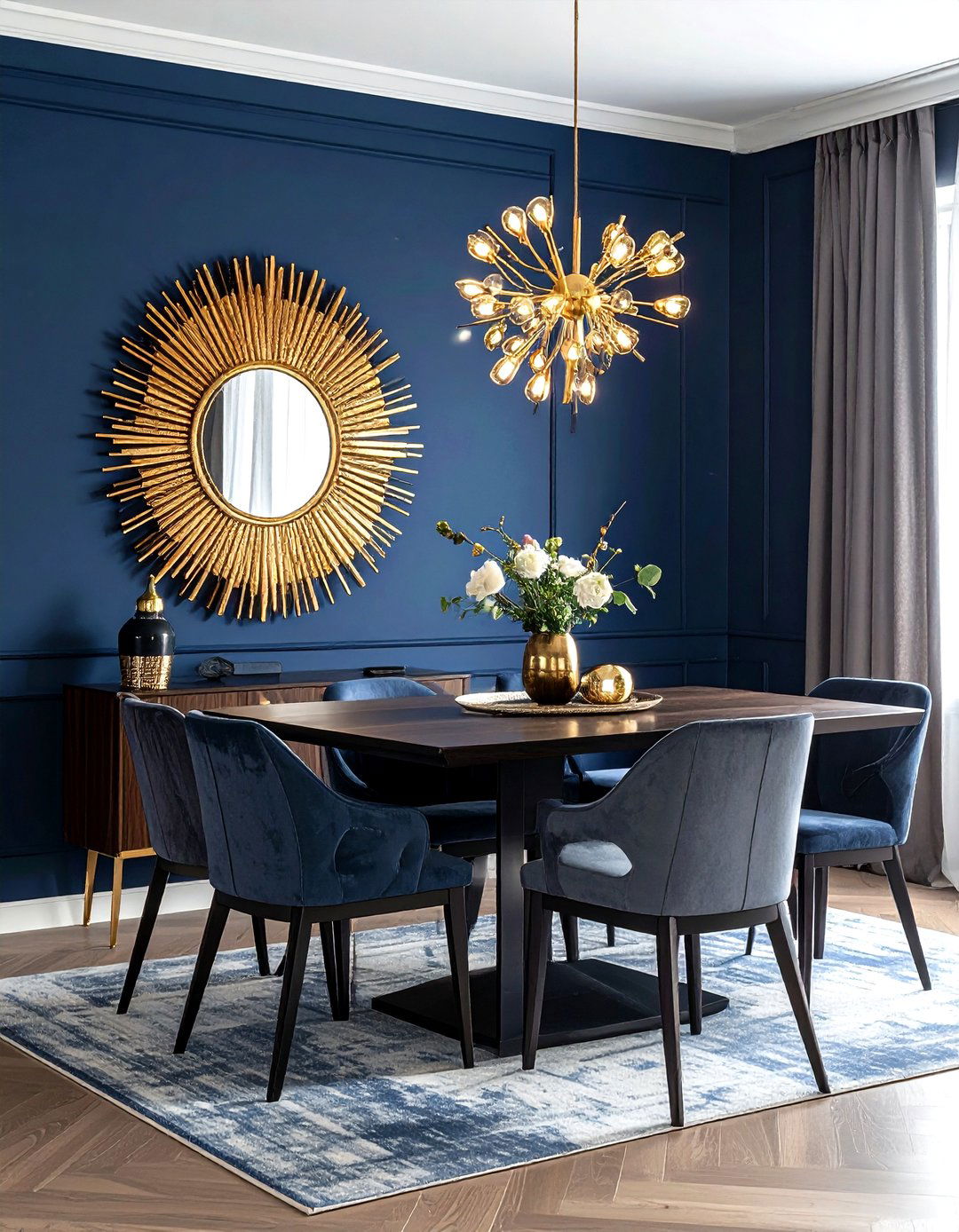 Blue dining room gold sunburst mirror - 30 sunburst mirror dining room ideas