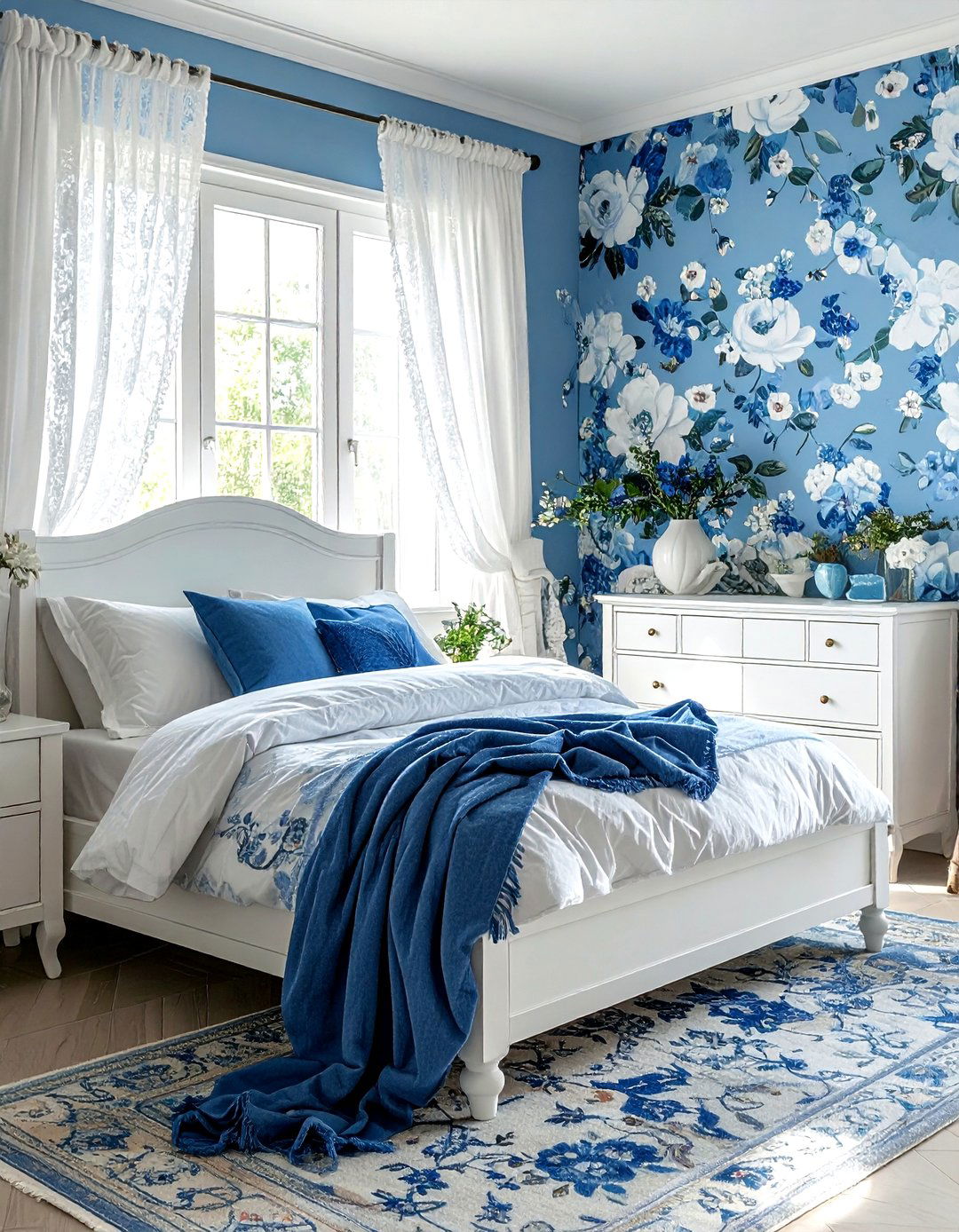 Blue floral wallpaper - 30 farmhouse blue bedroom ideas