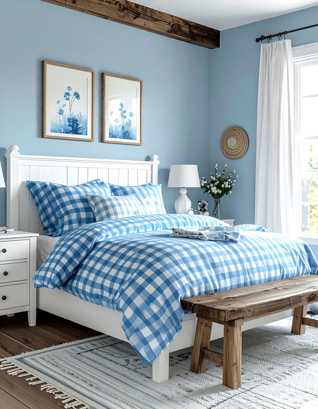 Blue gingham bedding - 30 farmhouse blue bedroom ideas