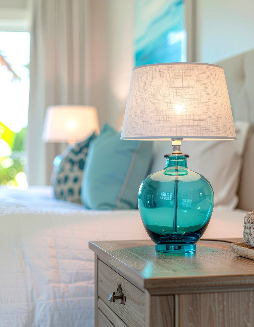 Blue glass lamp - 30 coastal bedroom ideas