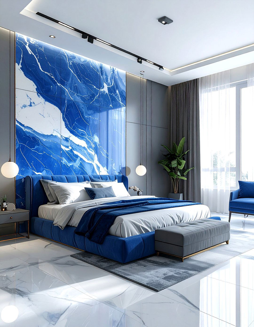 Blue marble feature wall - 30 modern blue bedroom ideas