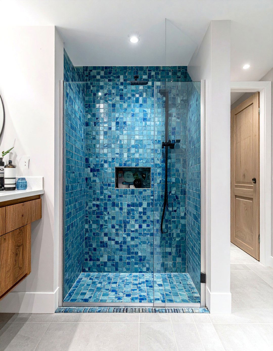 Blue mosaic shower - 30 coastal bathroom ideas