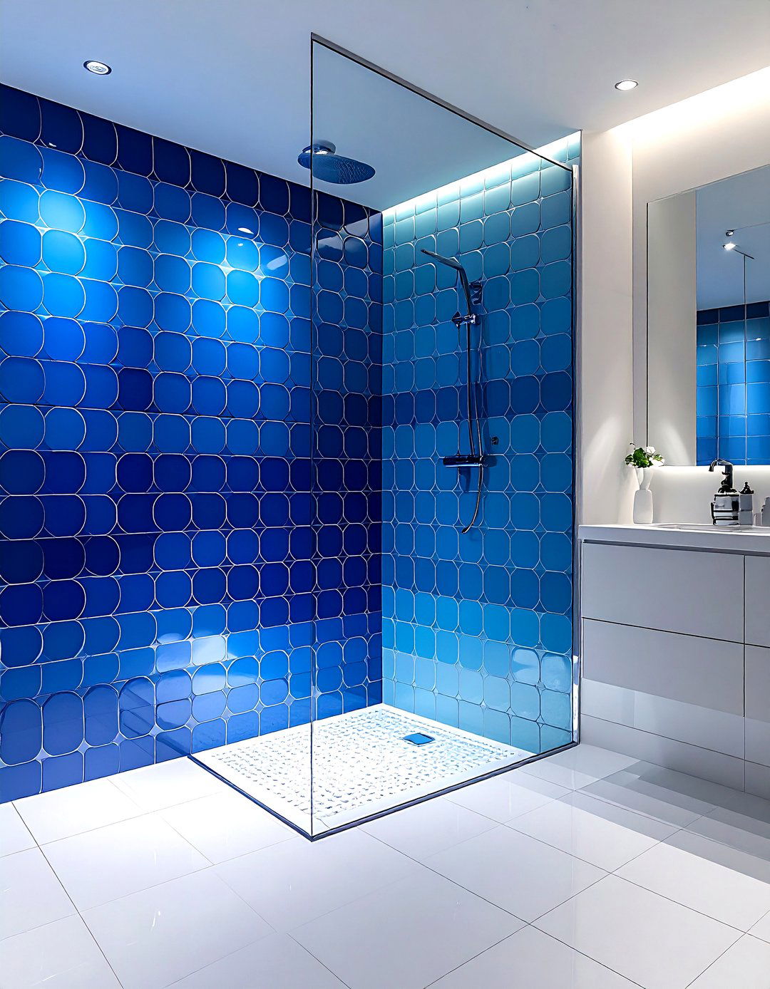 Blue ombre penny tile wall - 30 penny round tile bathroom ideas