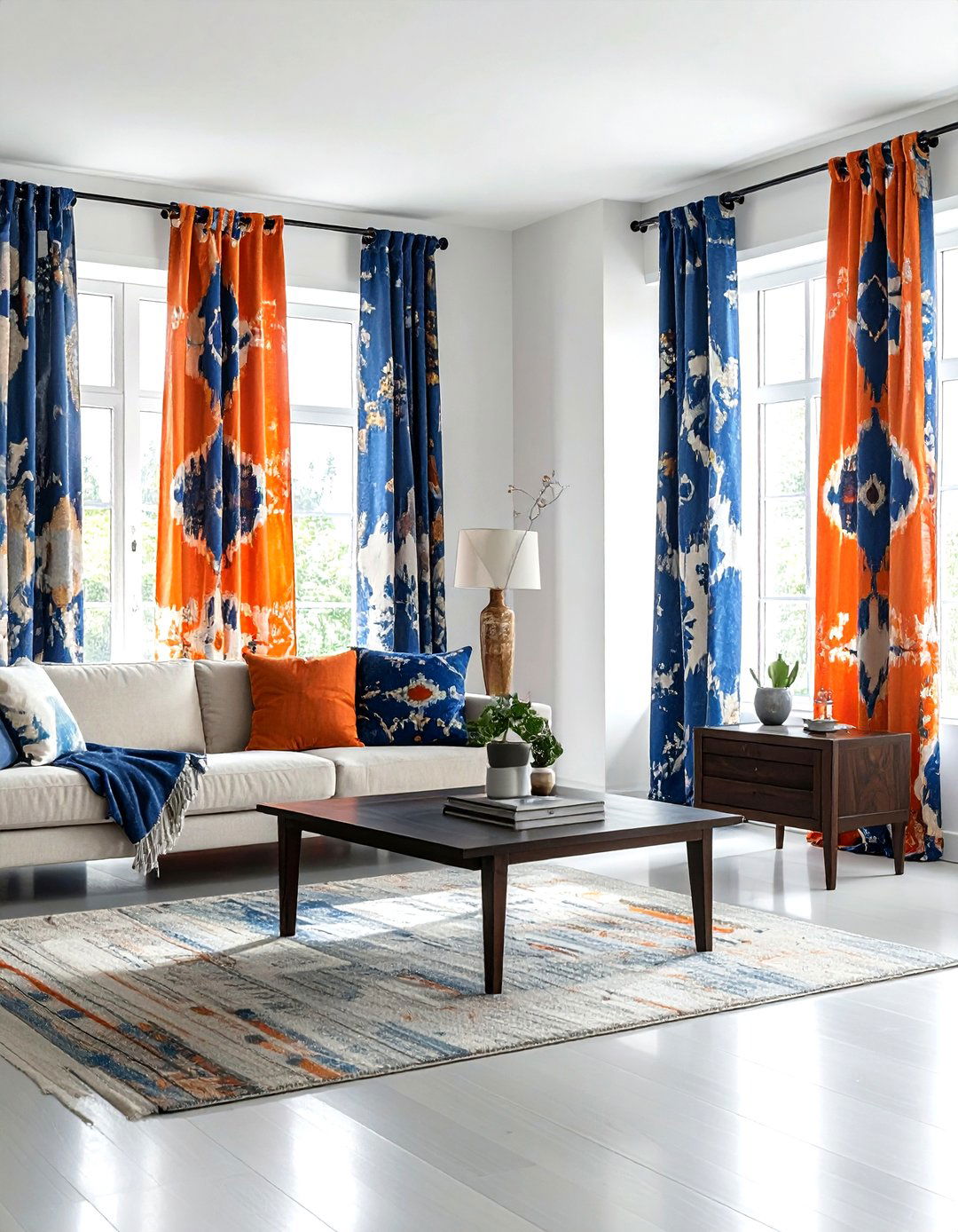 Blue orange ikat curtains - 30 colorful curtain ideas