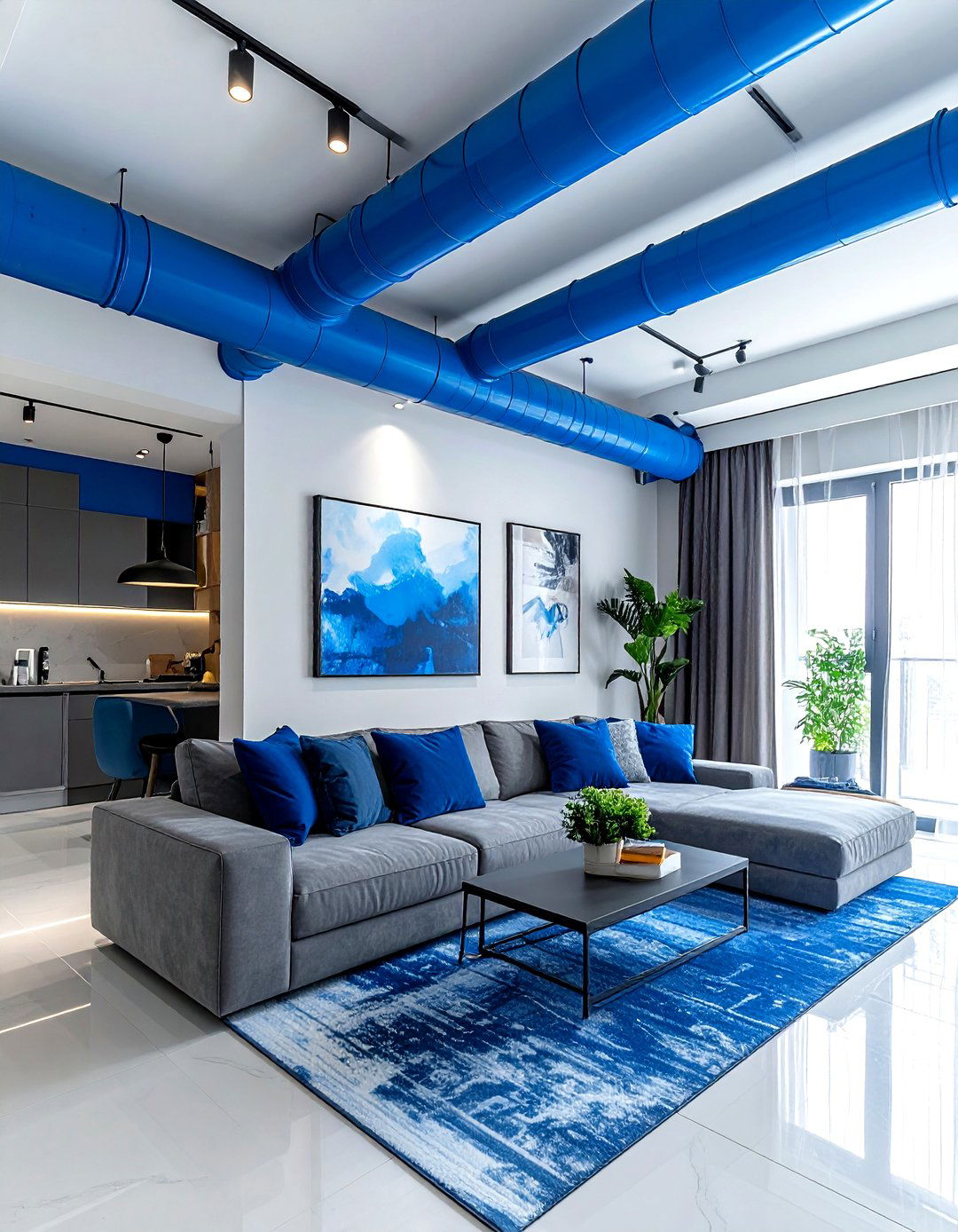 Blue painted ceiling pipes living room - 30 industrial blue living room ideas