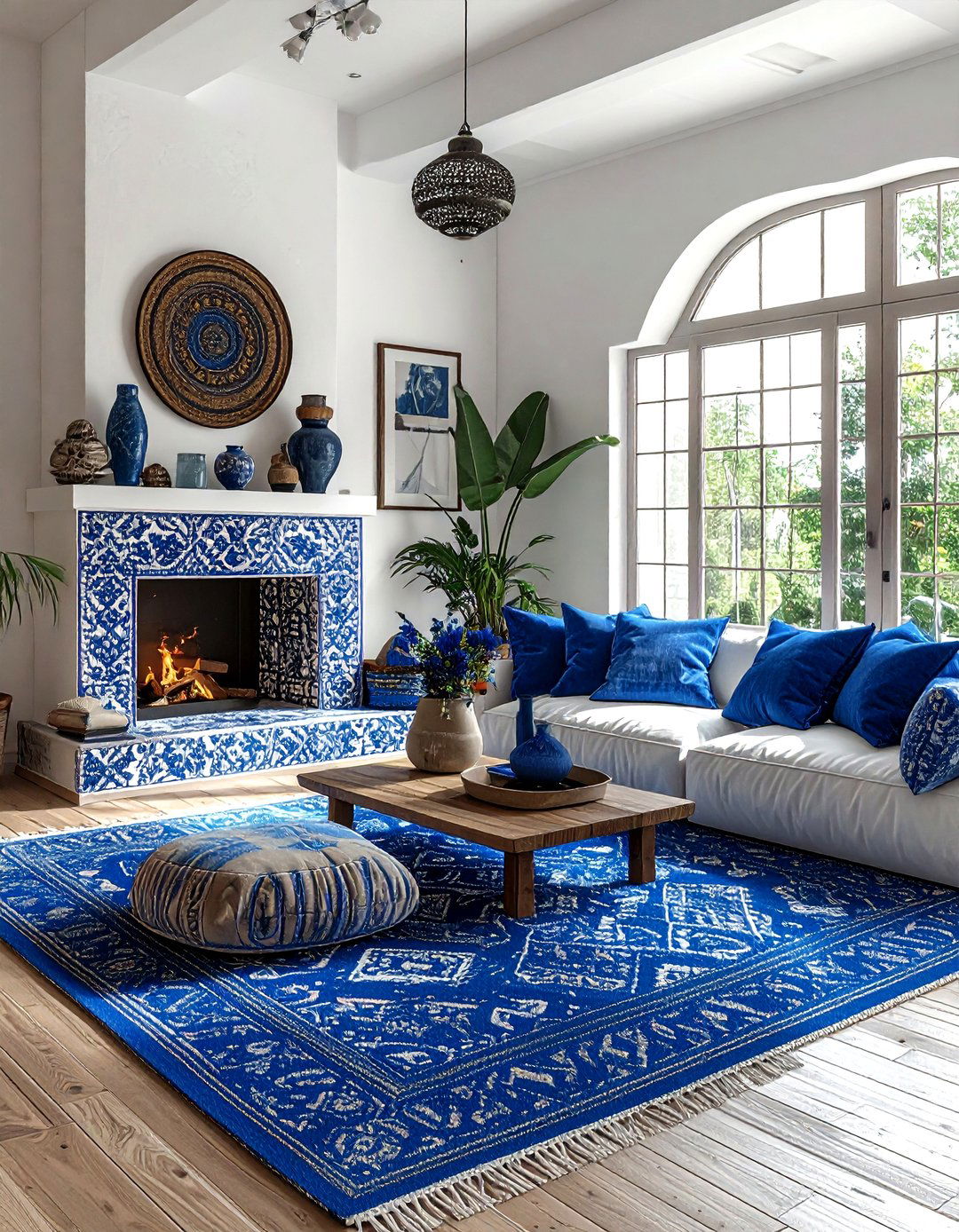 Blue patterned bohemian living room - 30 bohemian blue living room ideas