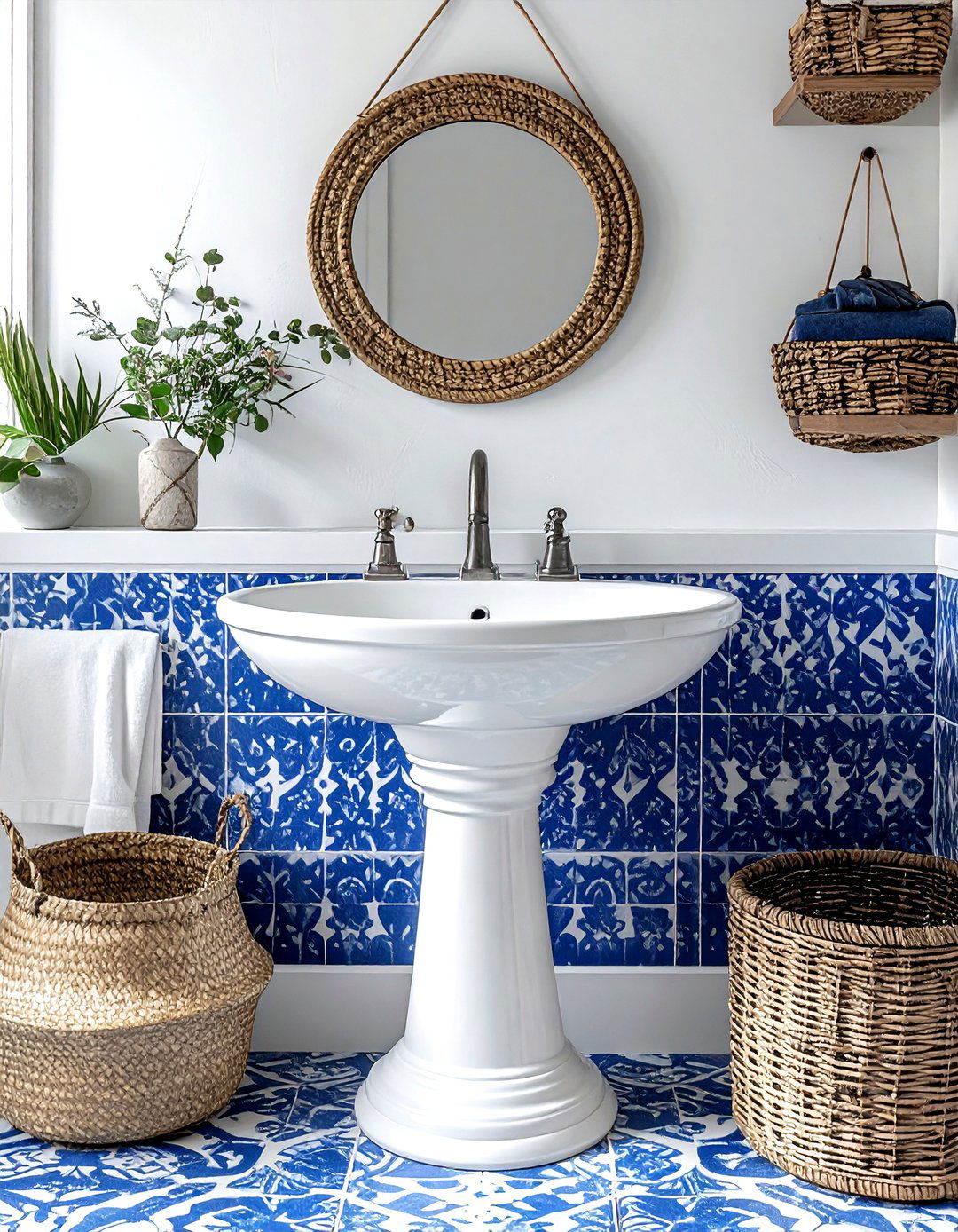 Blue patterned cement tile - 30 bathroom flooring ideas