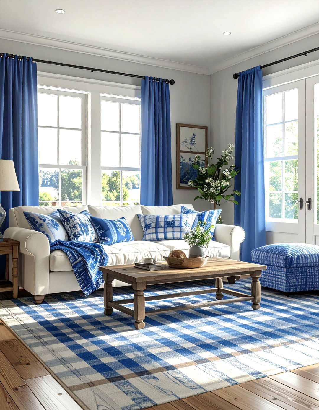 Blue patterned farmhouse living room - 30 farmhouse blue living room ideas