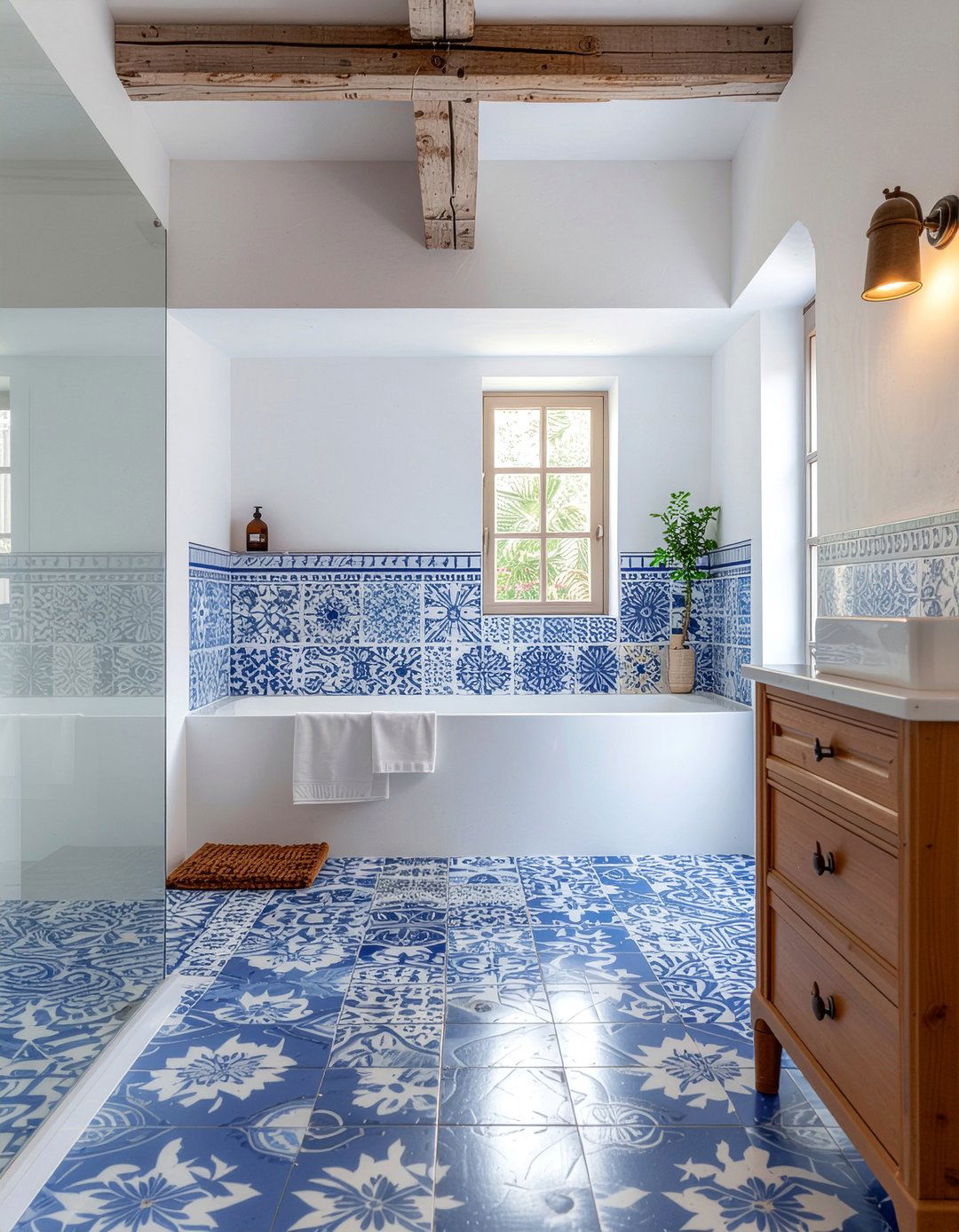 Blue patterned floor tile bathroom - 30 cool blue bathroom ideas