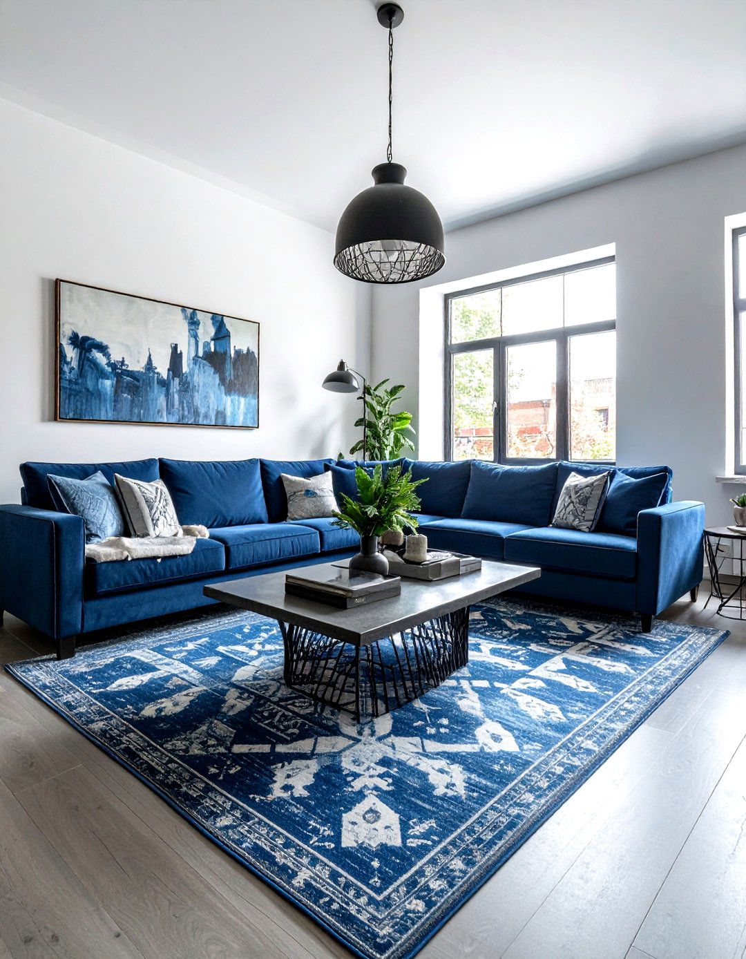 Blue patterned rug loft living room - 30 industrial blue living room ideas