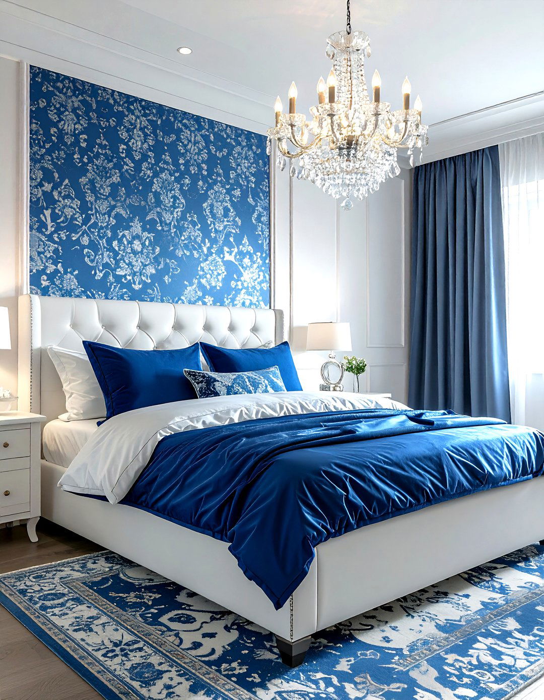 Blue patterned wallpaper - 30 farmhouse blue bedroom ideas