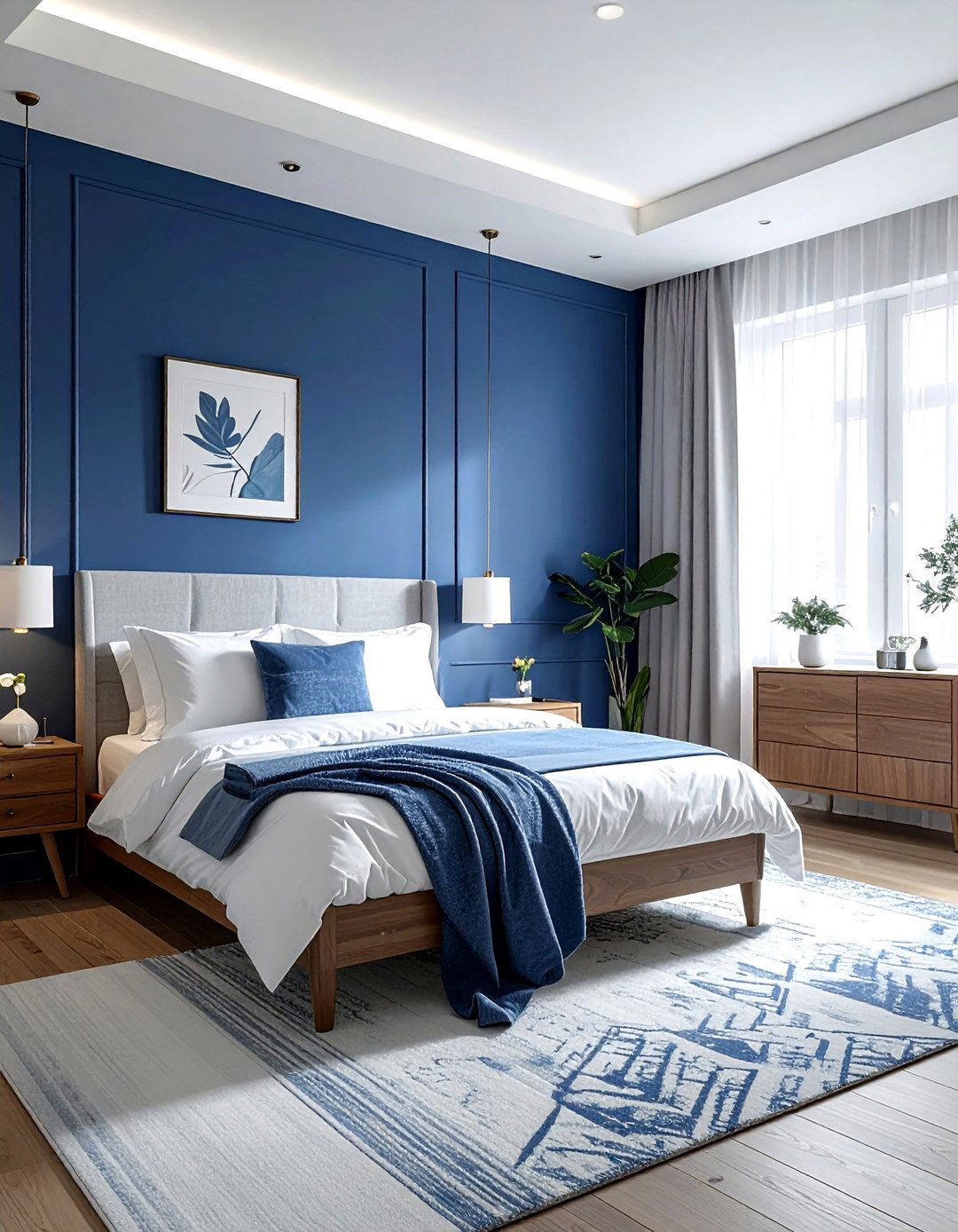 Blue patterned wallpaper bedroom - 30 coastal blue bedroom ideas