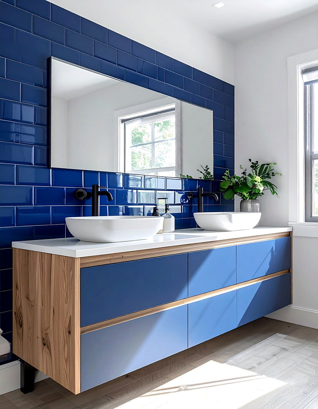 Blue stacked subway tile vanity wall - 30 stacked subway tile bathroom ideas