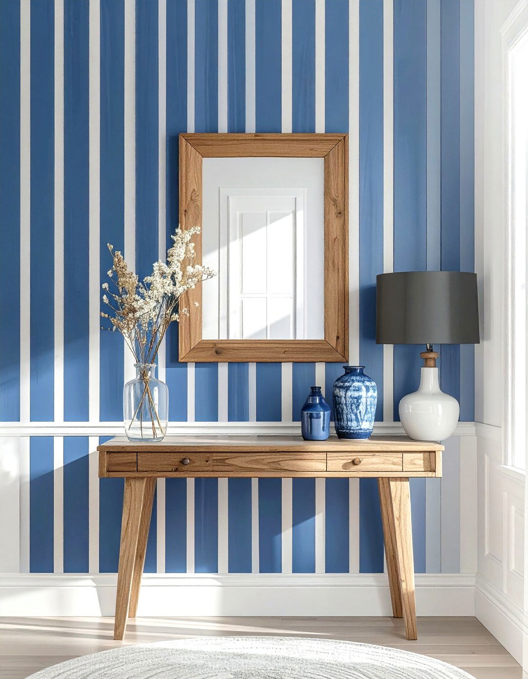 Blue striped wallpaper - 30 coastal home decor ideas