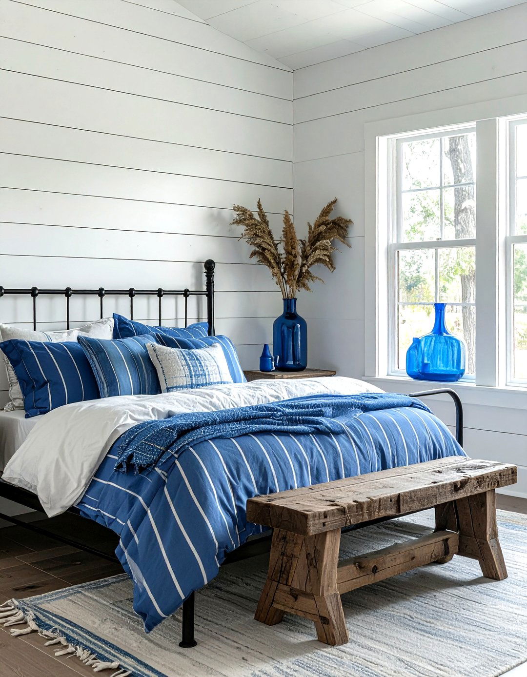 Blue ticking stripe bedding - 30 farmhouse blue bedroom ideas