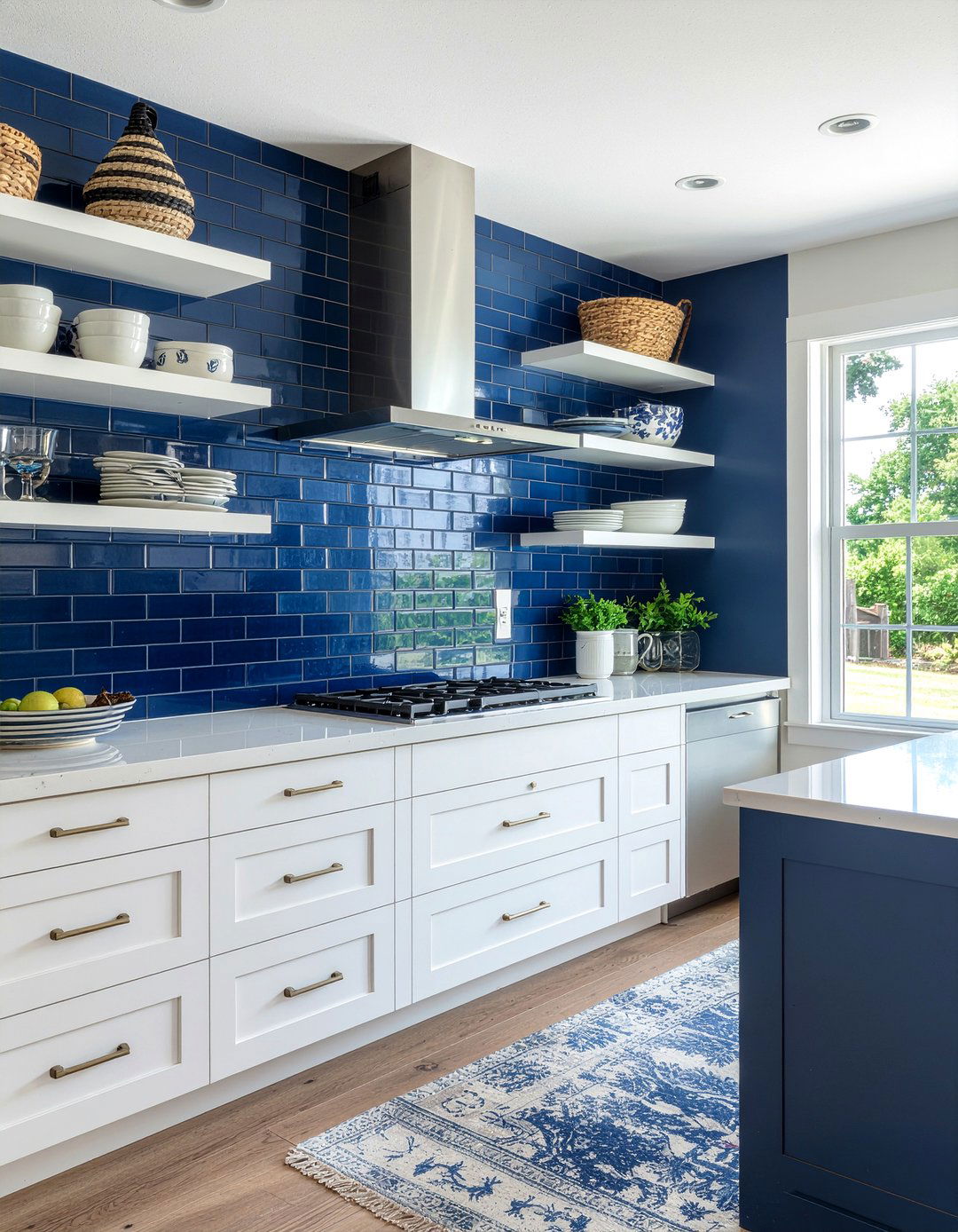 Blue tile backsplash with white shelves - 30 open shelf backsplash kitchen ideas