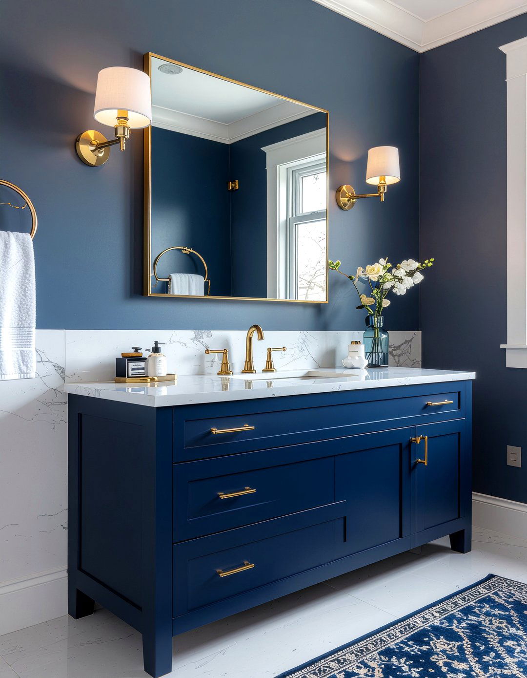Blue vanity with gold hardware - 30 cool blue bathroom ideas