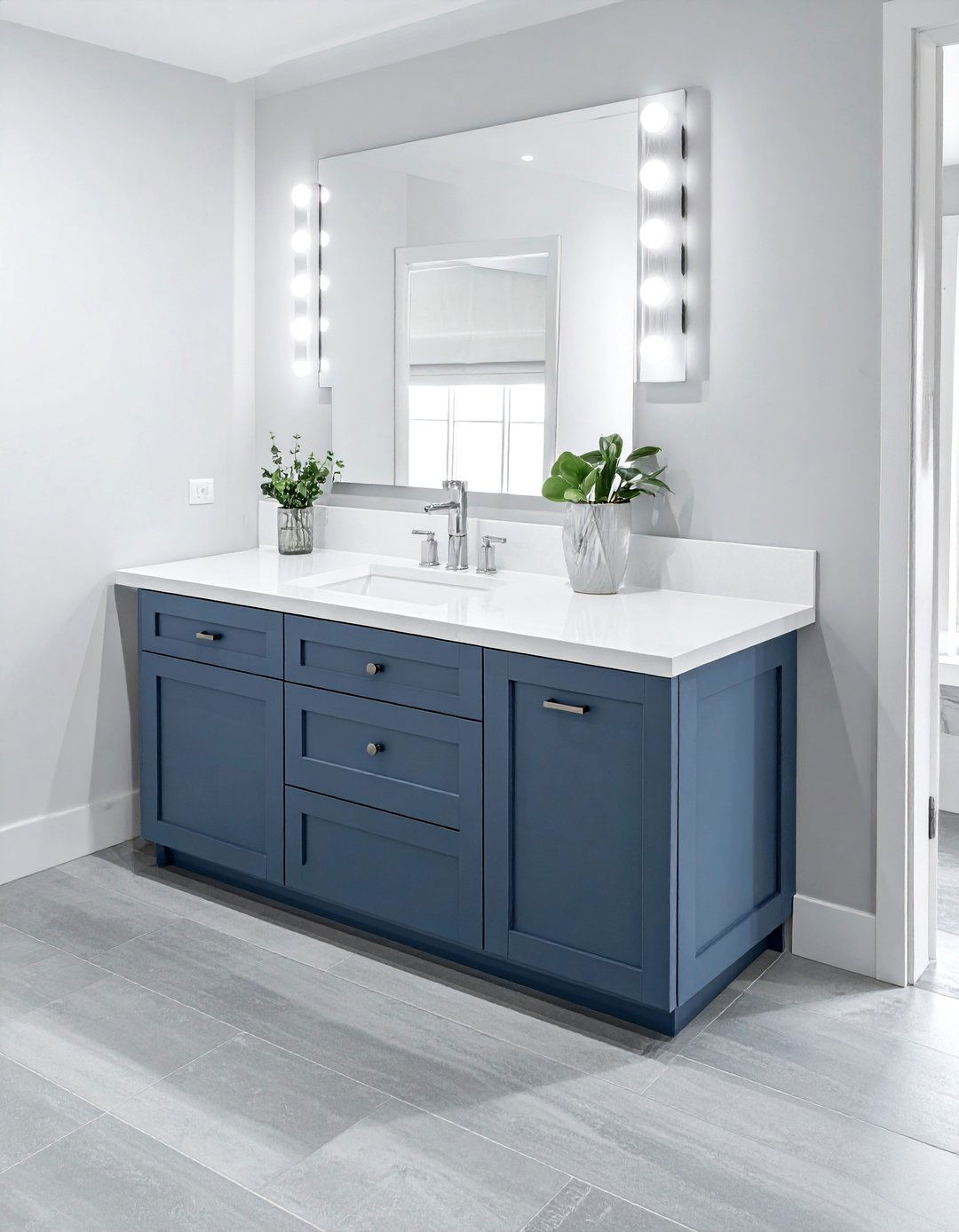 Blue vanity with gray tile floor - 30 blue and gray bathroom ideas