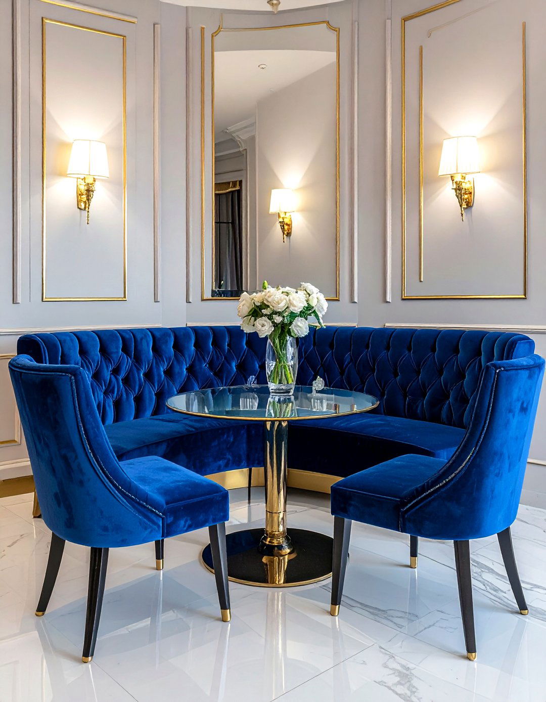 Blue velvet banquette - 30 tufted banquette dining ideas