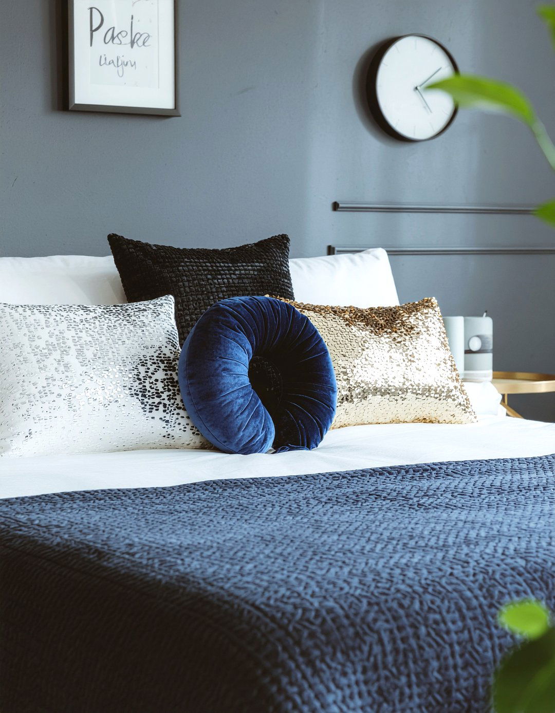 Blue velvet neckroll pillow - 30 bedroom bolster pillows