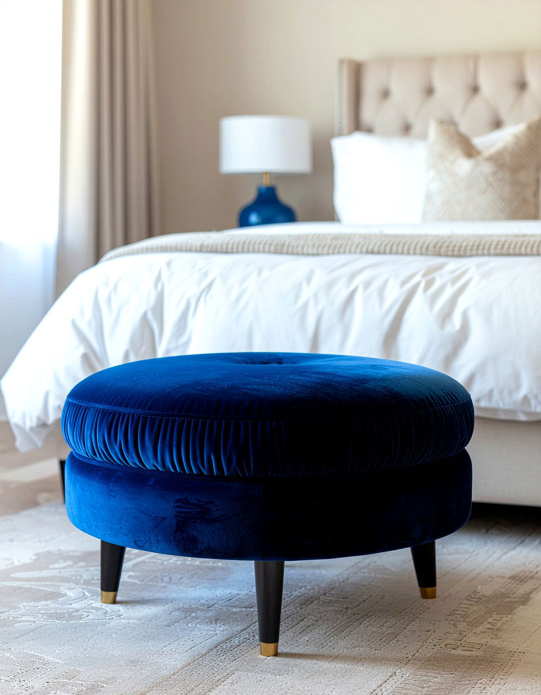 Blue velvet pouf - 30 bedroom poufs