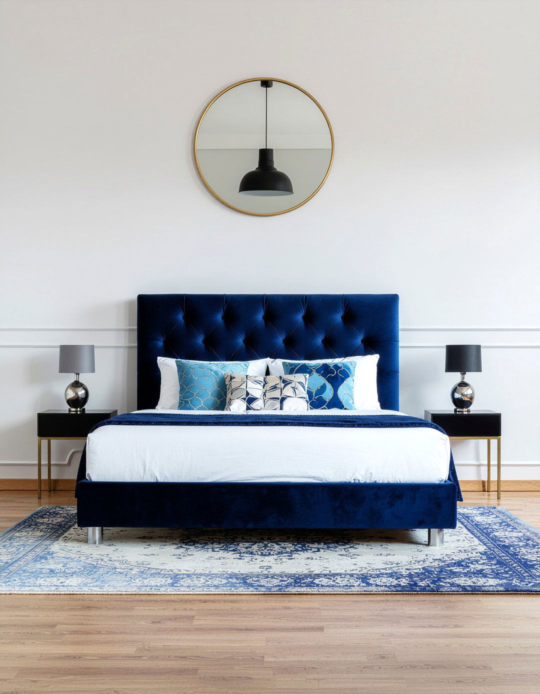 Blue velvet tufted headboard - 30 velvet bedroom ideas