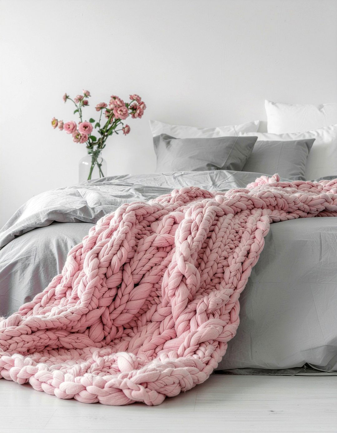 Blush Pink Knit Throw - 30 bedroom chunky knit throws