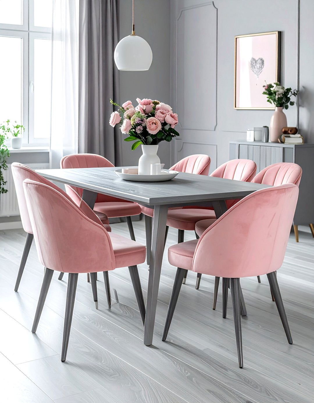 Blush Pink Velvet Chairs Gray Table - 30 pink gray dining room ideas