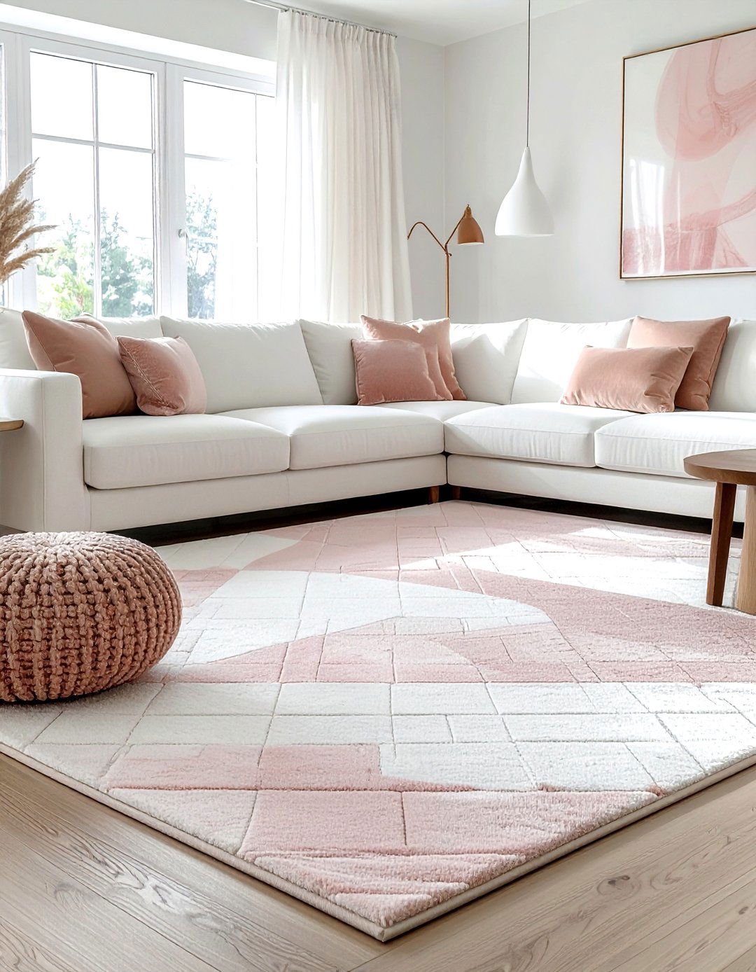Blush and white area rug - 30 blush and white living room ideas