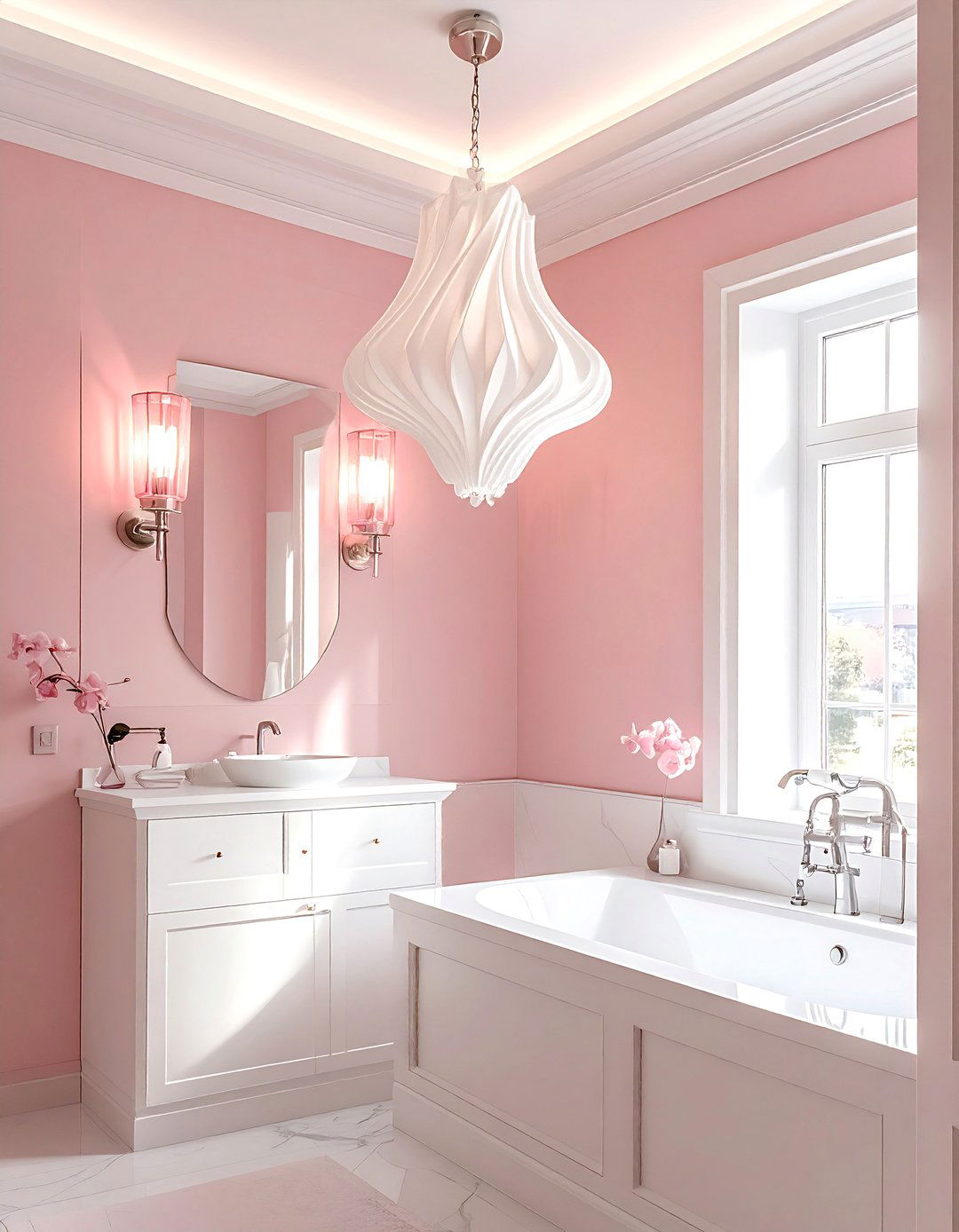 Blush bathroom lighting - 30 blush and white bathroom ideas