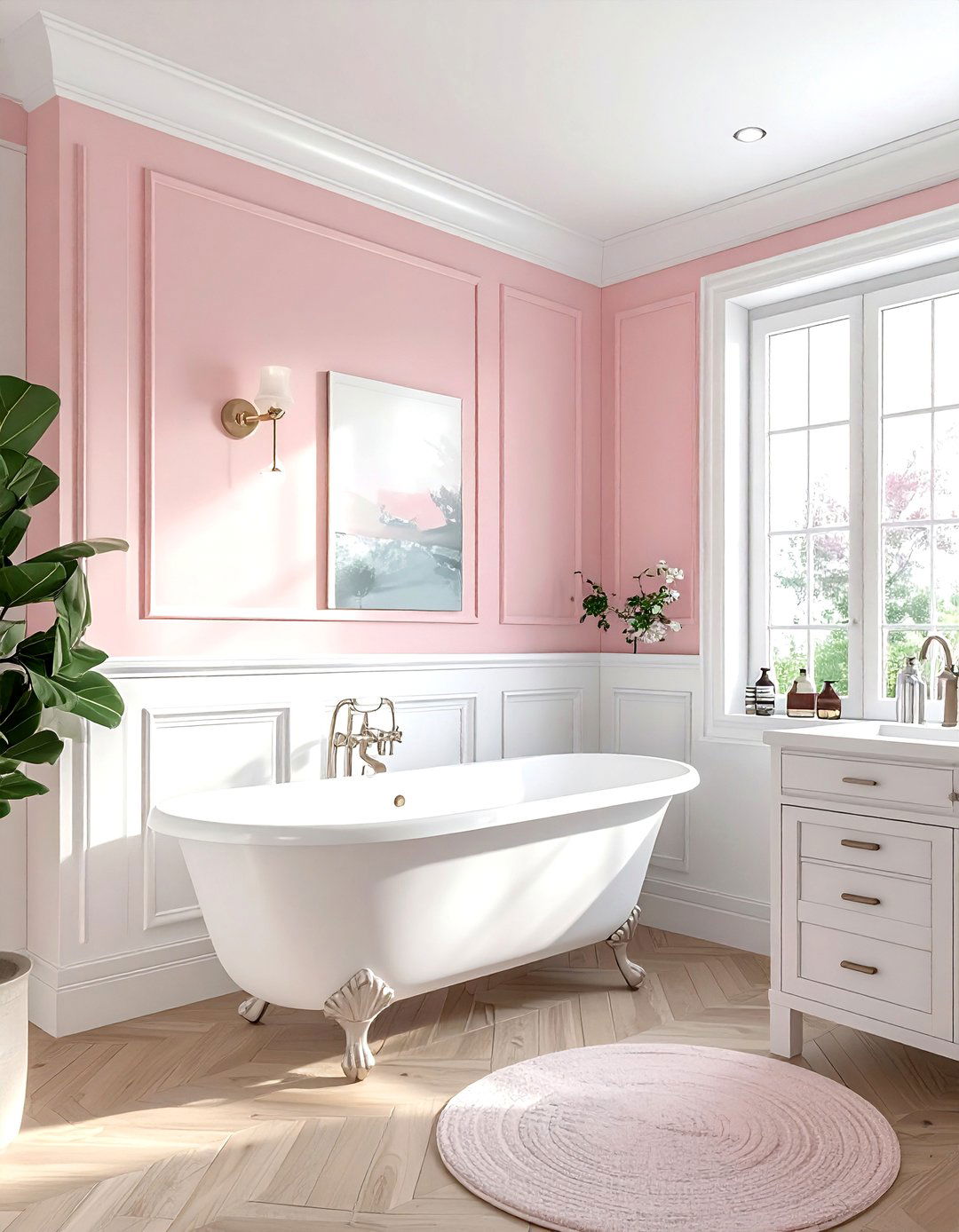 Blush bathroom wainscoting - 30 blush and white bathroom ideas
