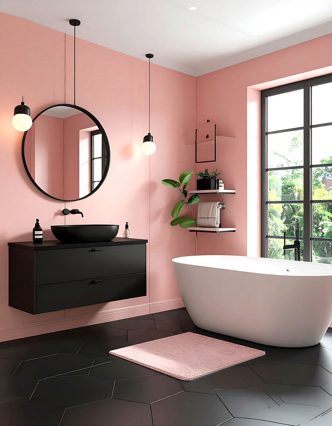 Blush bathroom with black accents - 30 blush and white bathroom ideas