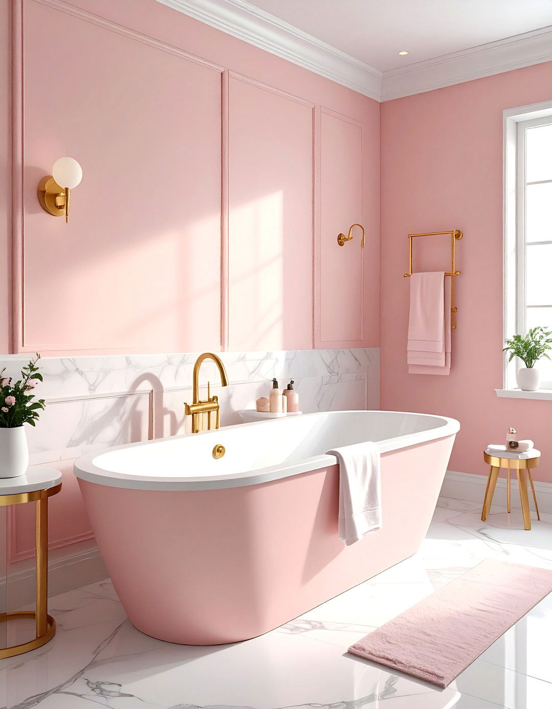 Blush bathroom with gold fixtures - 30 blush and white bathroom ideas