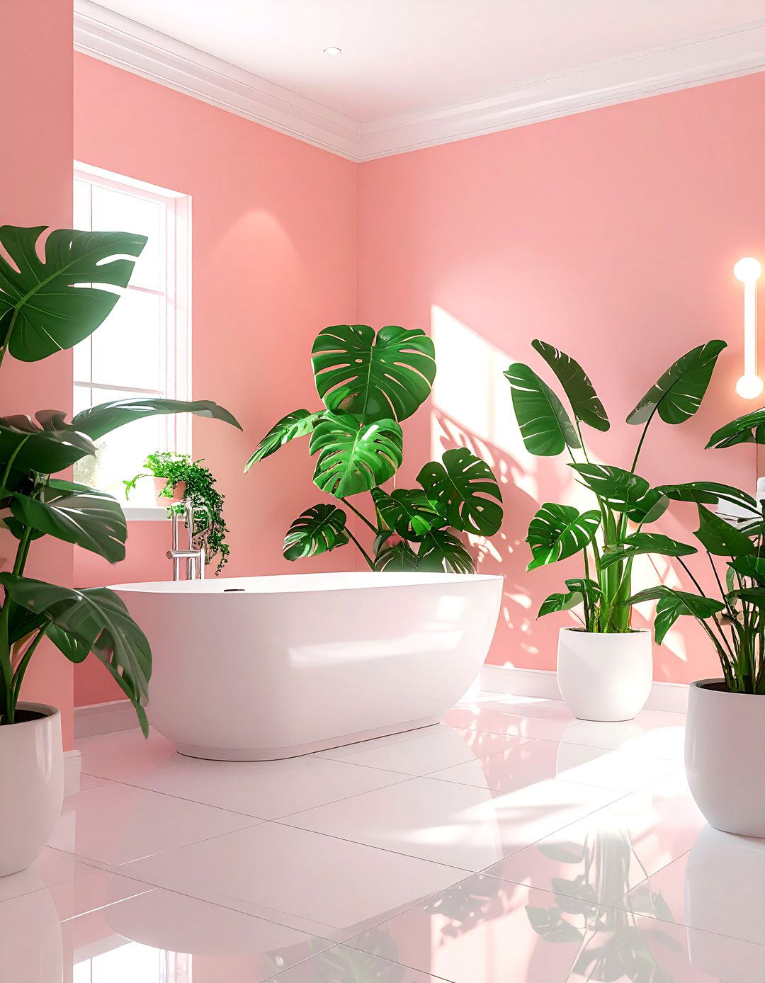 Blush bathroom with plants - 30 blush and white bathroom ideas
