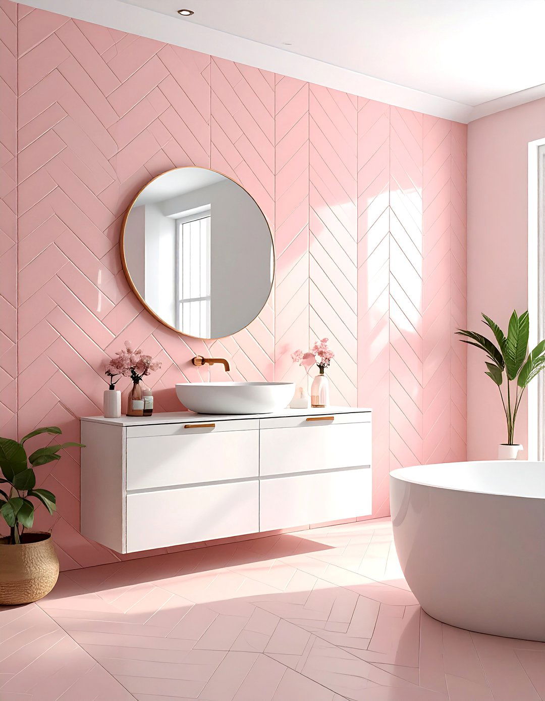 Blush herringbone tile - 30 blush bathroom ideas