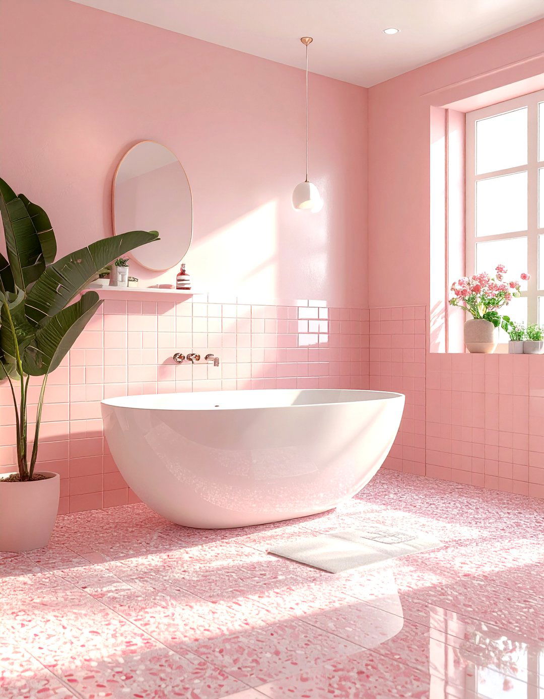 Blush penny tile bathroom