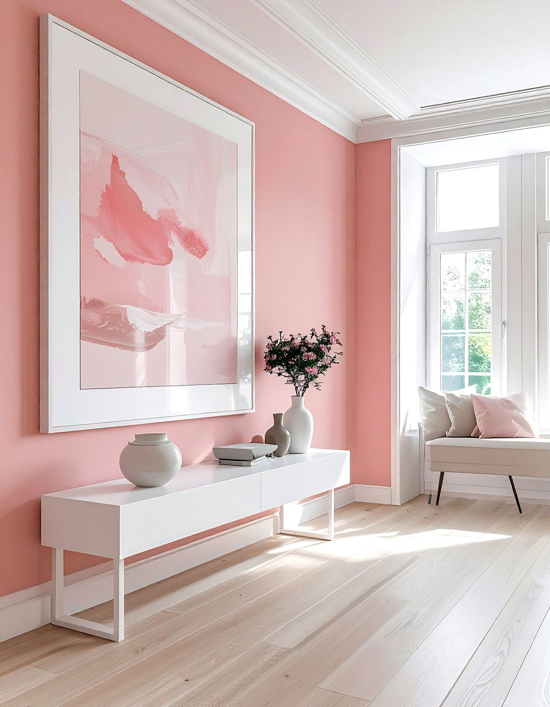 Blush pink accent wall - 30 blush and white living room ideas