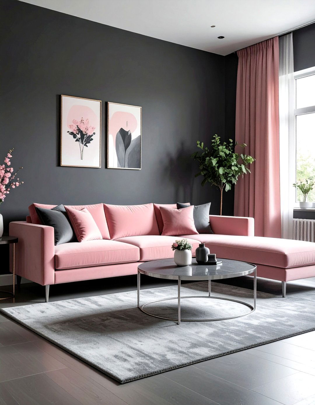 Blush pink and charcoal gray living room - 30 pink gray living room ideas