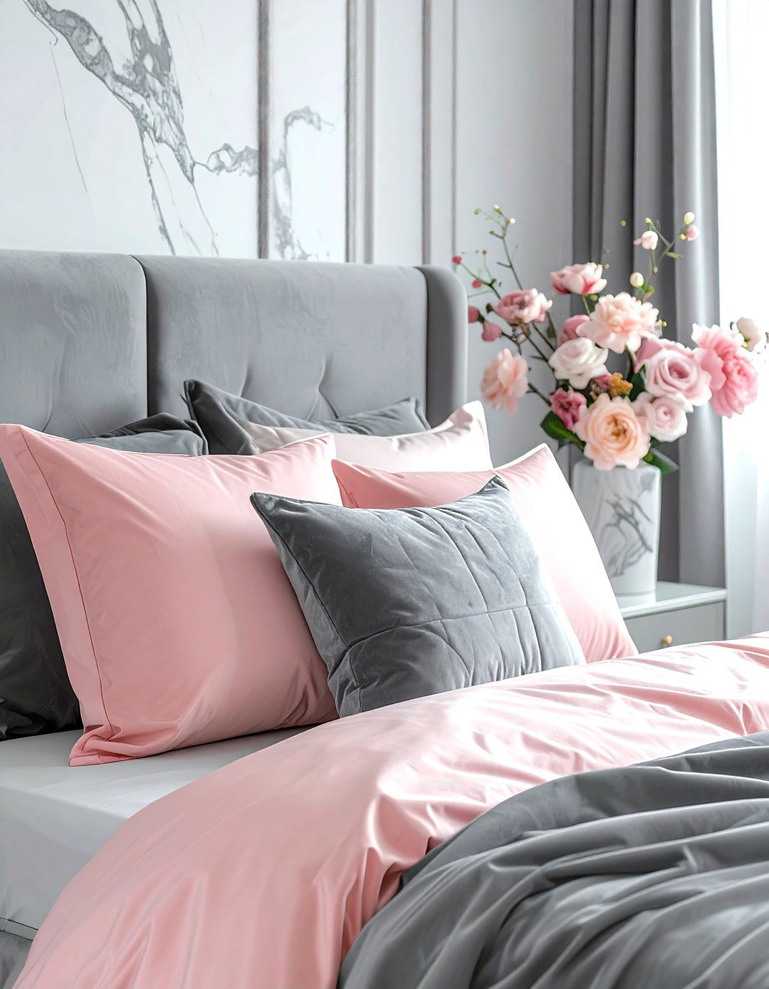 Blush pink and grey pillows - 30 pillow mix ideas