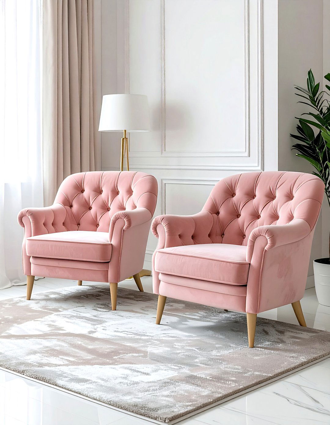 Blush pink armchairs - 30 blush and white living room ideas