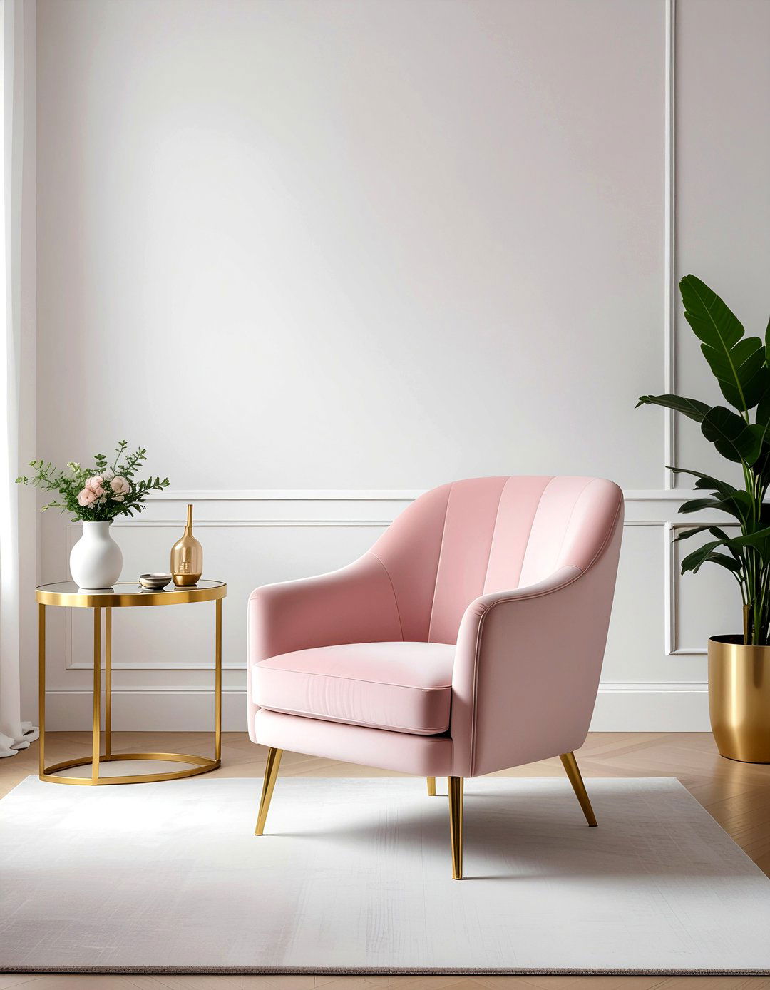 Blush pink chair - 30 modern glam living room ideas