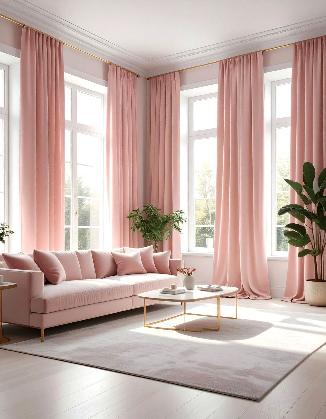 Blush pink curtains - 30 blush and white living room ideas