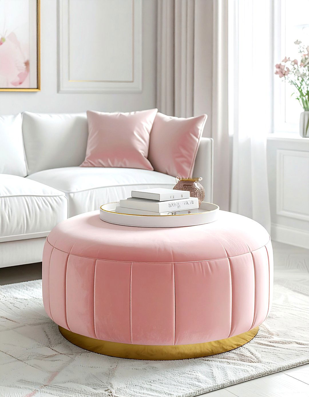Blush pink ottoman - 30 blush and white living room ideas