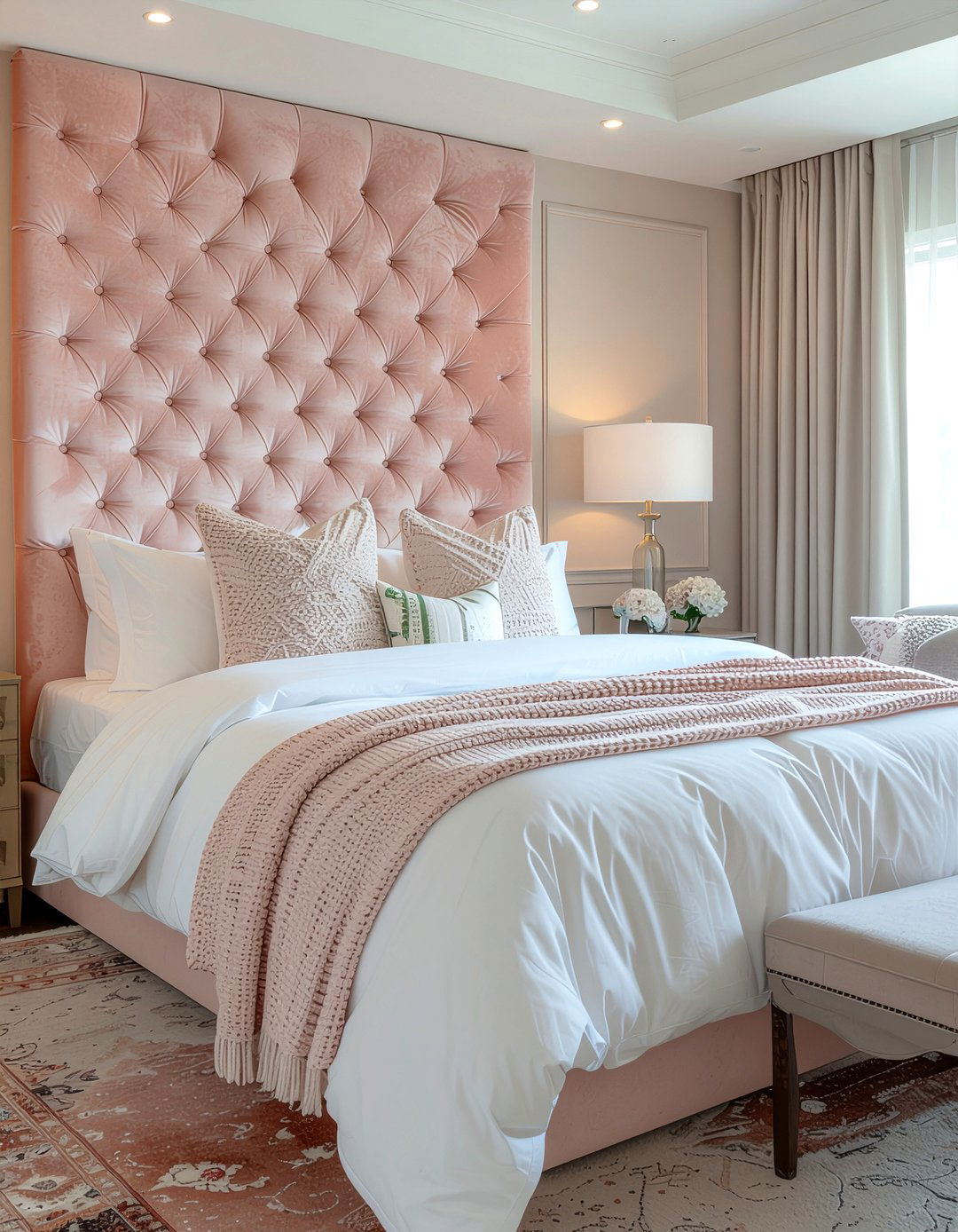 Blush pink velvet bed - 30 blush pink bedroom ideas