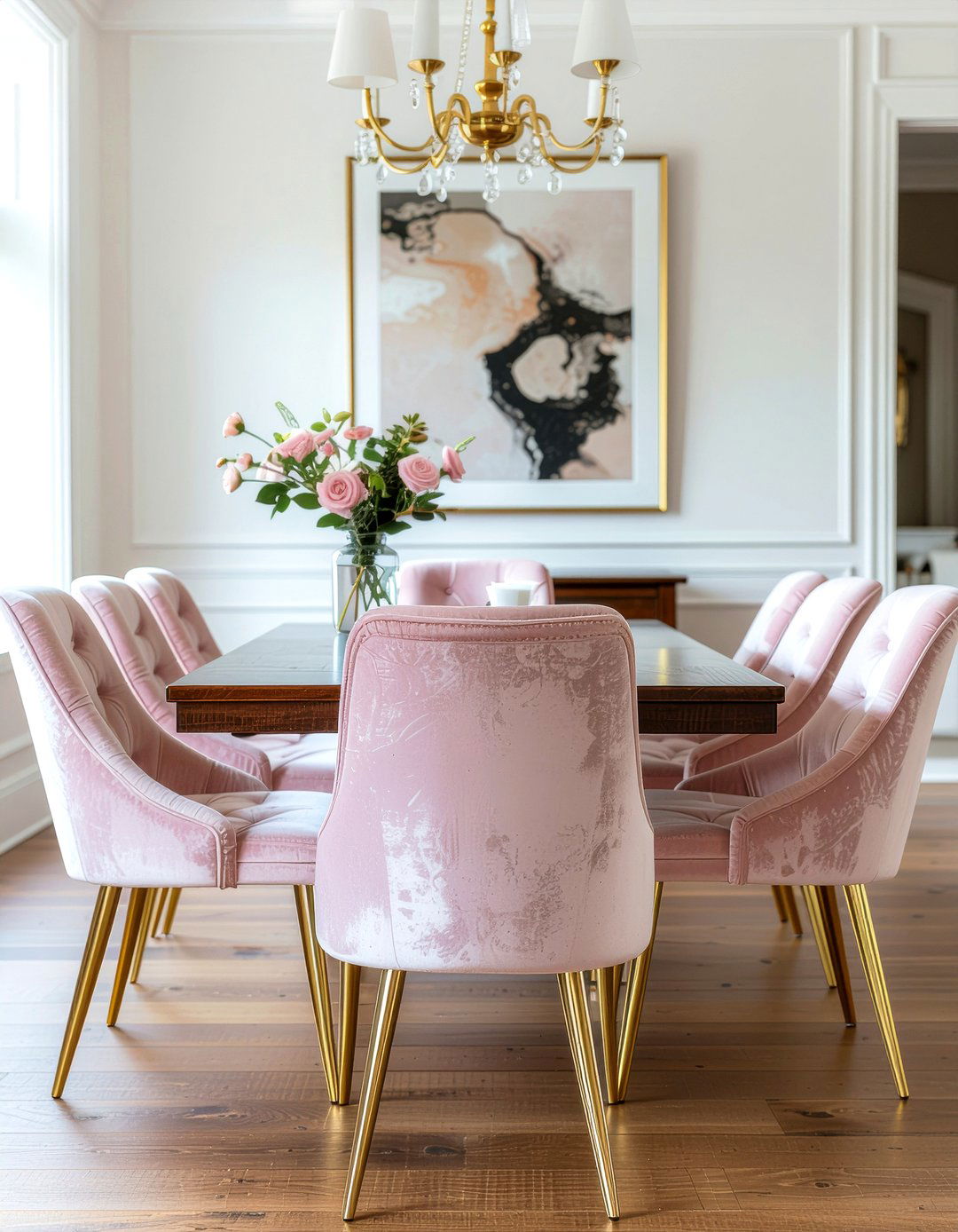 Blush pink velvet dining chairs - 30 blush pink dining room ideas