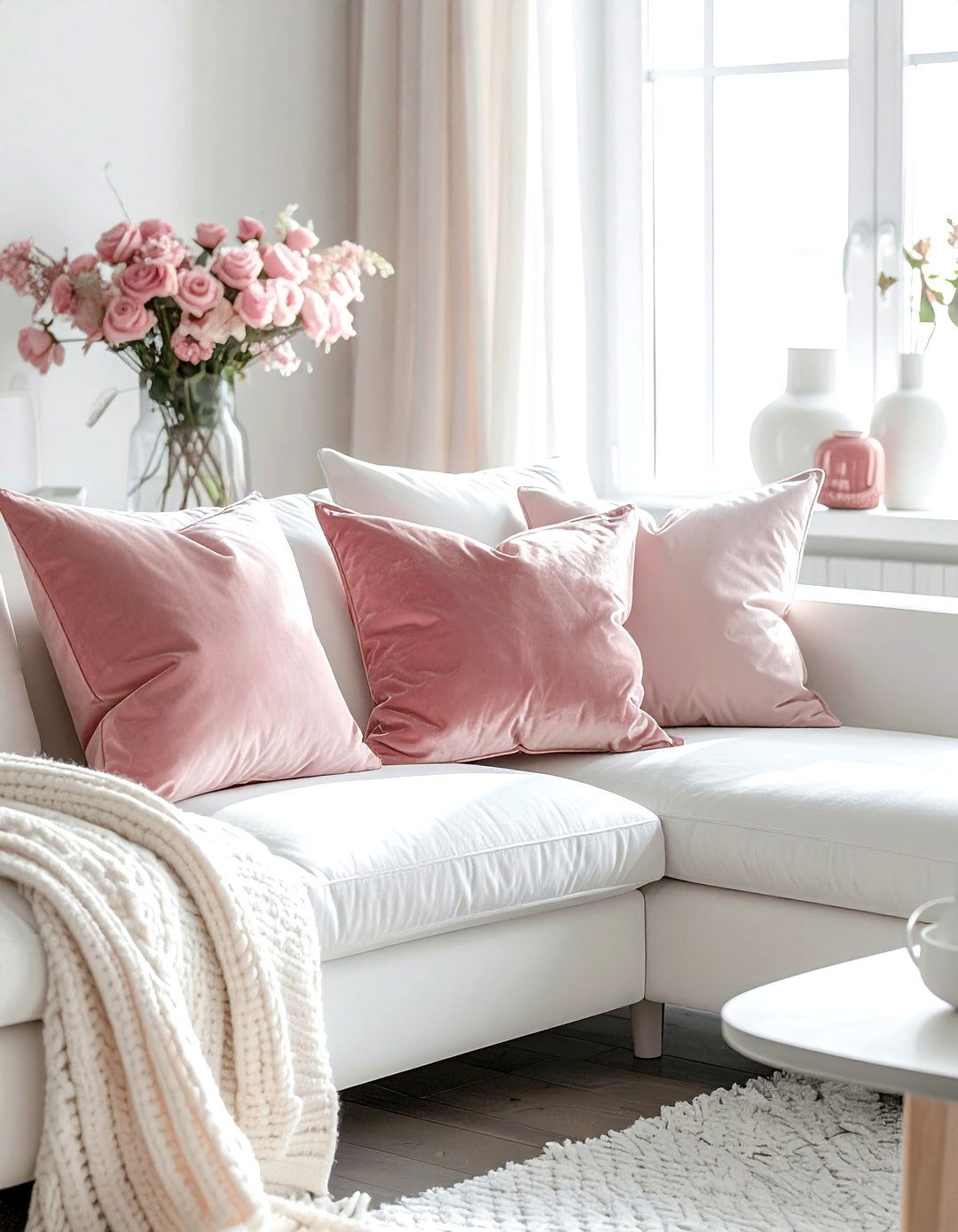 Blush throw pillows - 30 blush and white living room ideas
