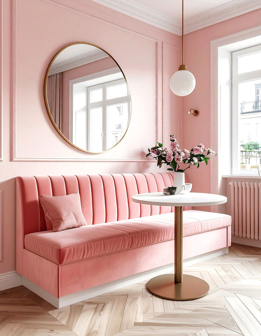 Blush velvet banquette in small kitchen - 30 velvet kitchen ideas
