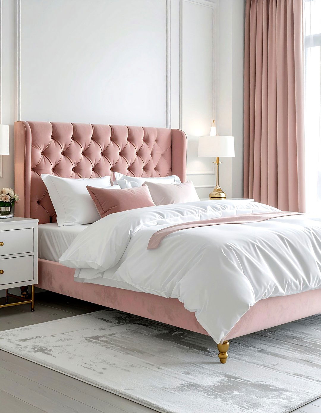 Blush velvet bed - 30 blush and white bedroom ideas
