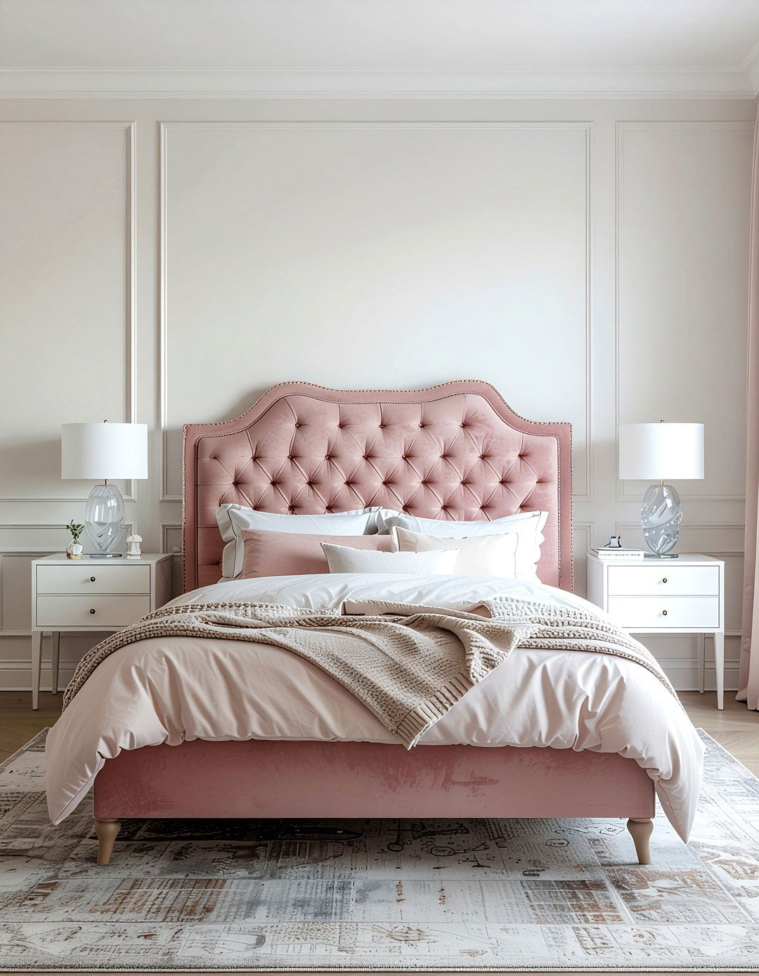 Blush velvet upholstered bed - 30 velvet bedroom ideas